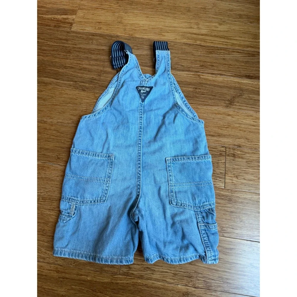 OshKosh B'gosh Farmhouse Retro Denim Shortalls Toddler 3T Blue Striped Straps